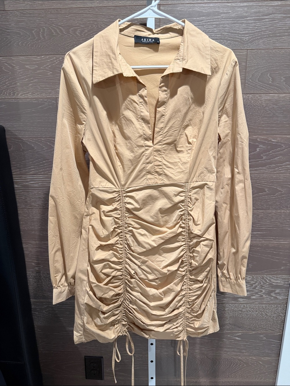 AKIRA Tan Ruched Long-Sleeve Shirt Dress